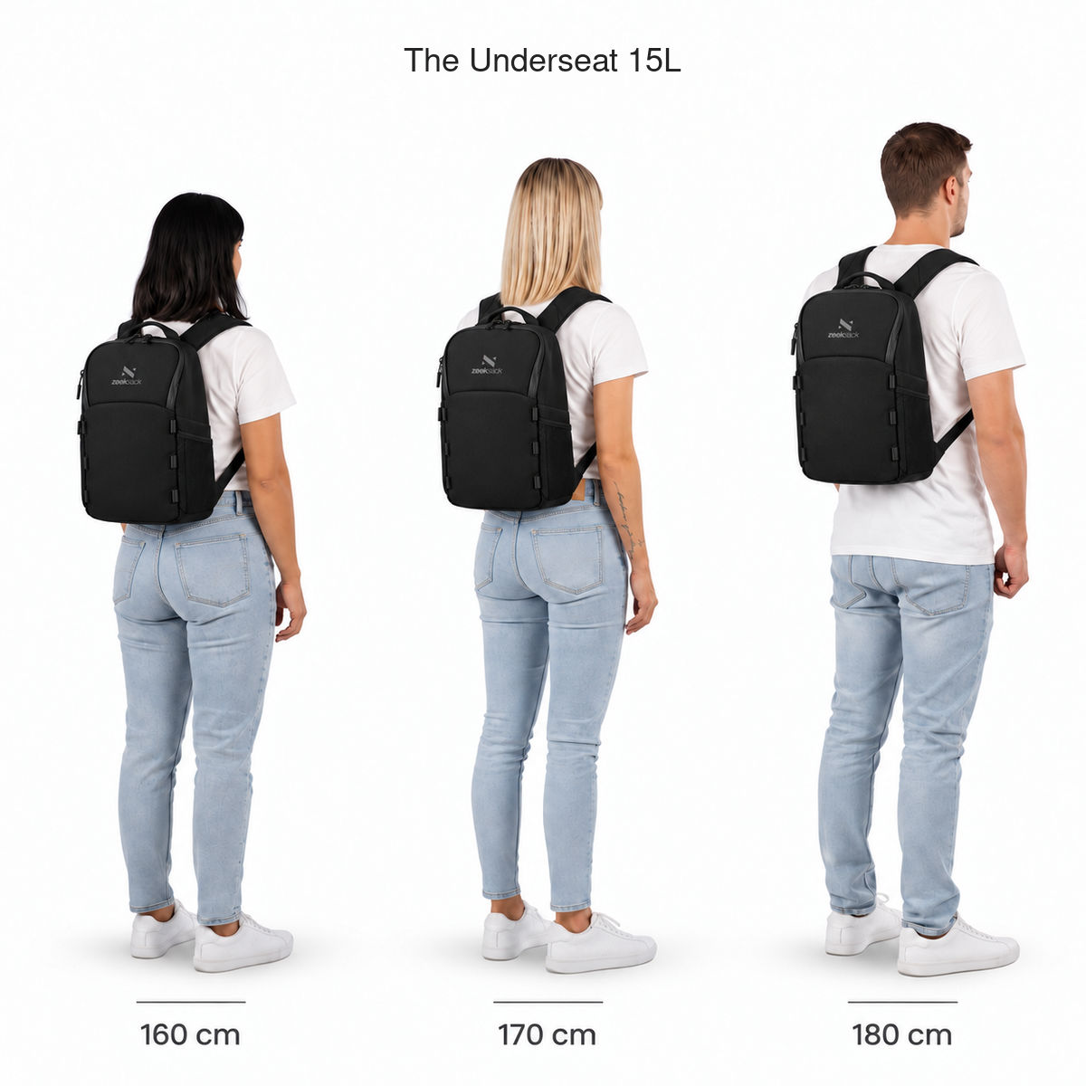 The Underseat 15L – storleksjämförelse på personer som är 160, 170 och 180 cm långa.