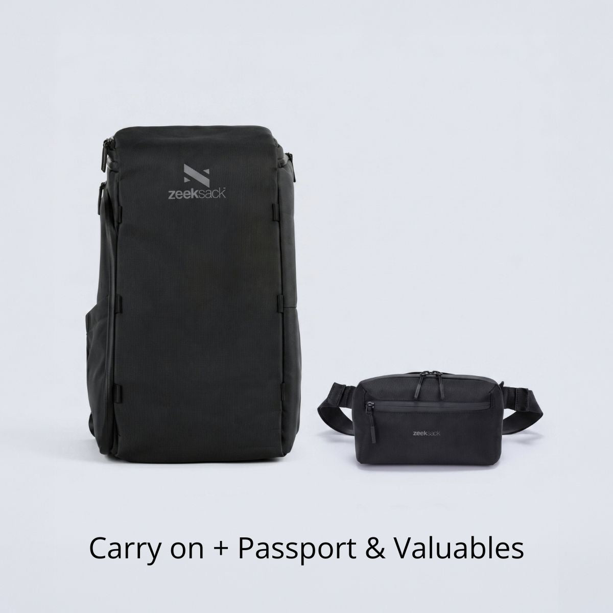 Paket med svart Zeeksack The Organizer 30L och svart Crossbody Organizer.