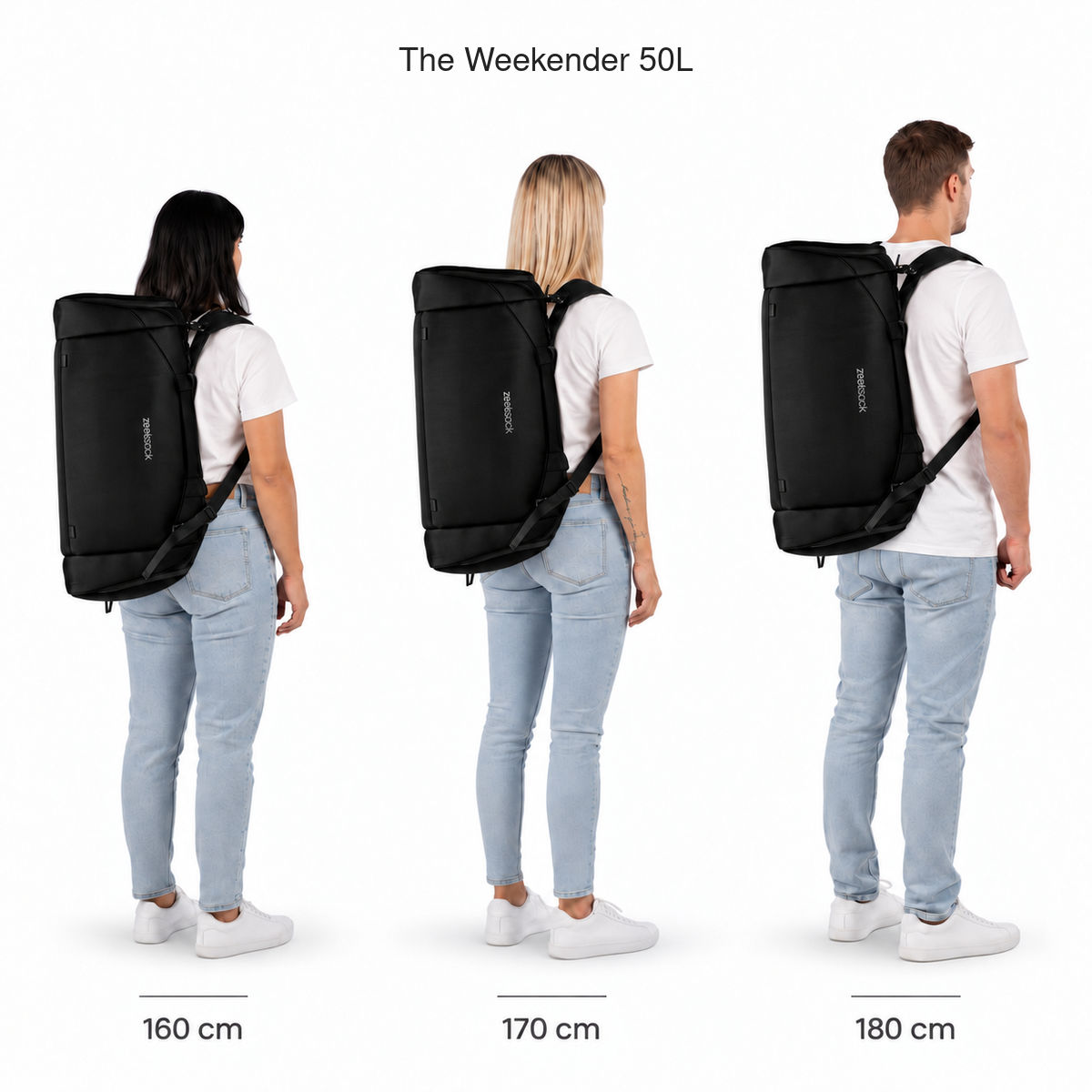 The Weekender 50L – storleksjämförelse på personer som är 160, 170 och 180 cm långa.