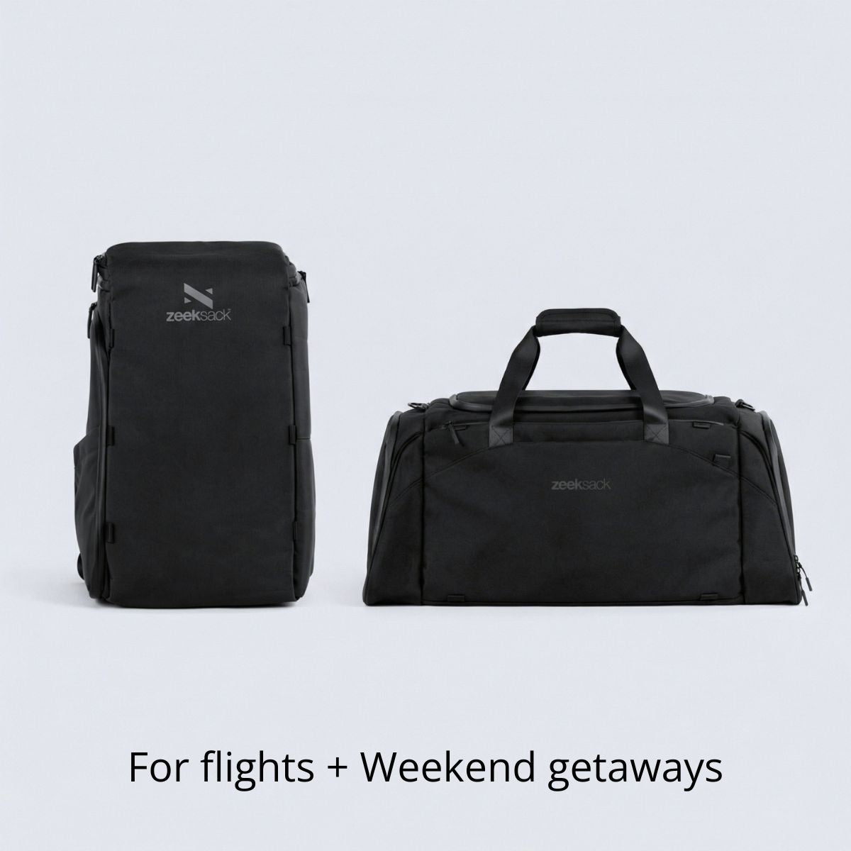 Paket med svart Zeeksack The Organizer 30L och The Weekender 50L.