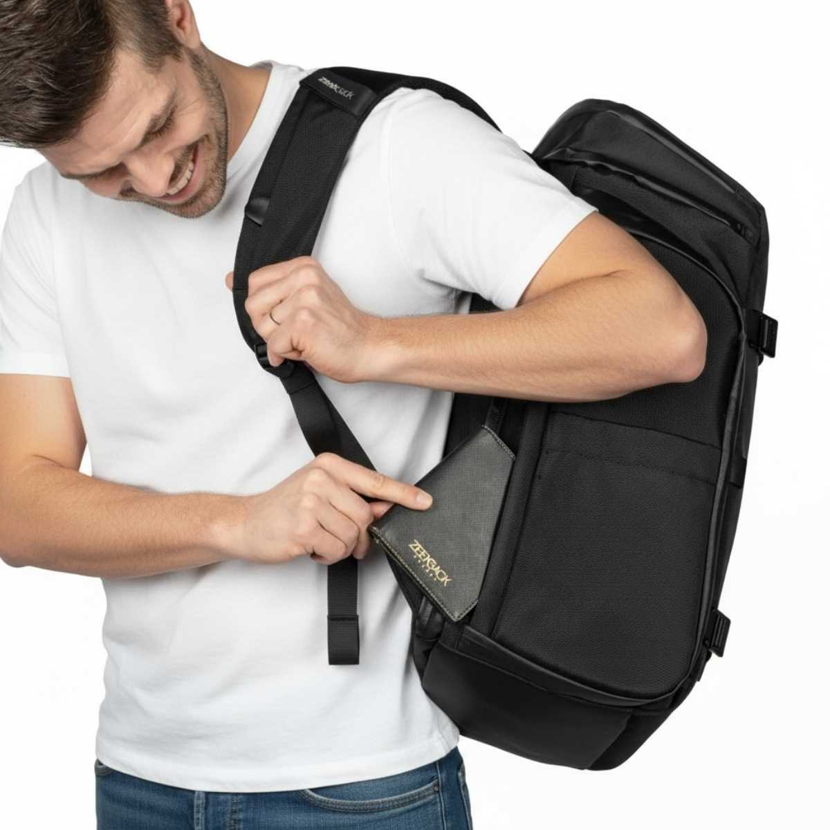 Man i vit t-shirt justerar en rem på sin svarta ryggsäck.