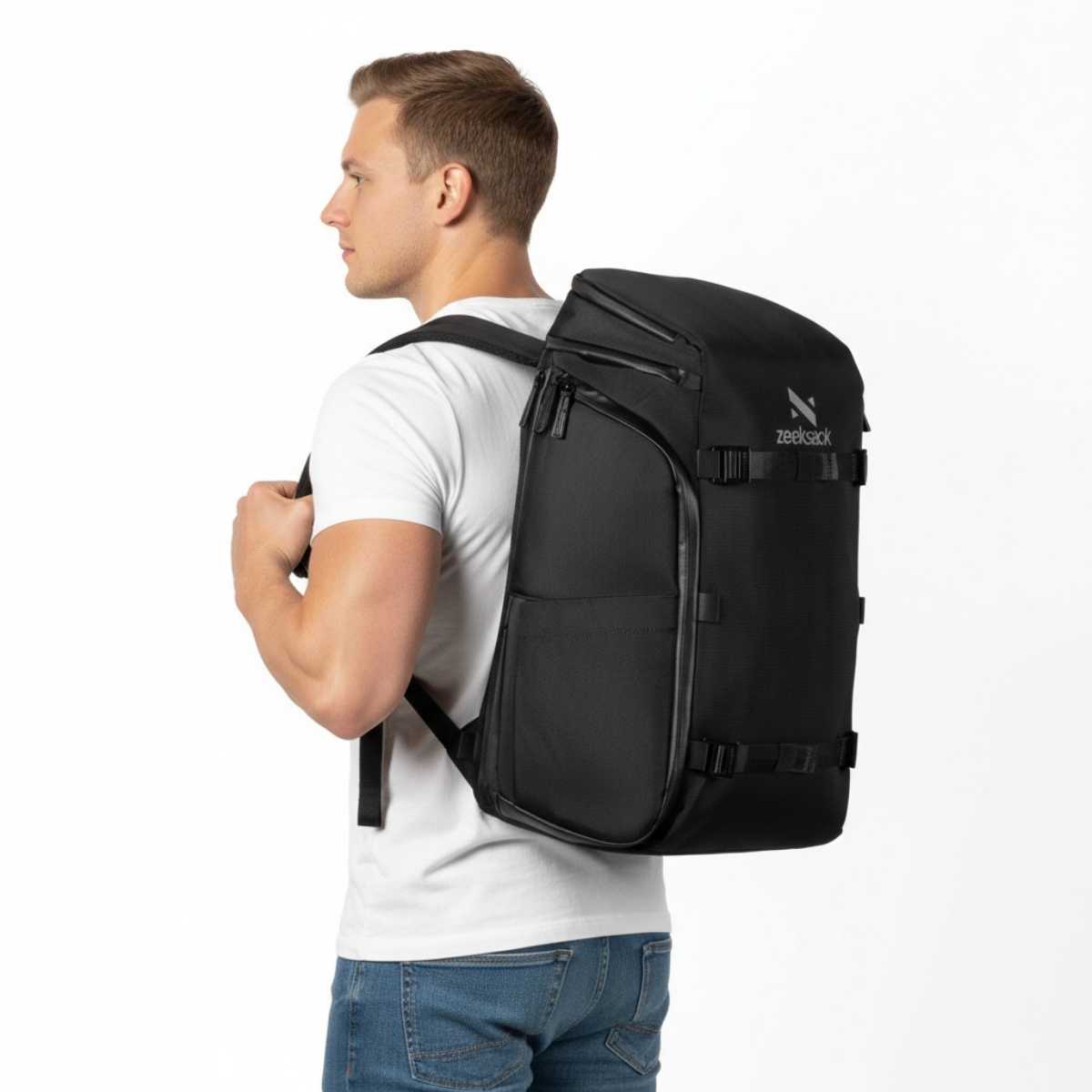 Man i vit t-shirt och jeans står i profil med en svart ryggsäck på ryggen.