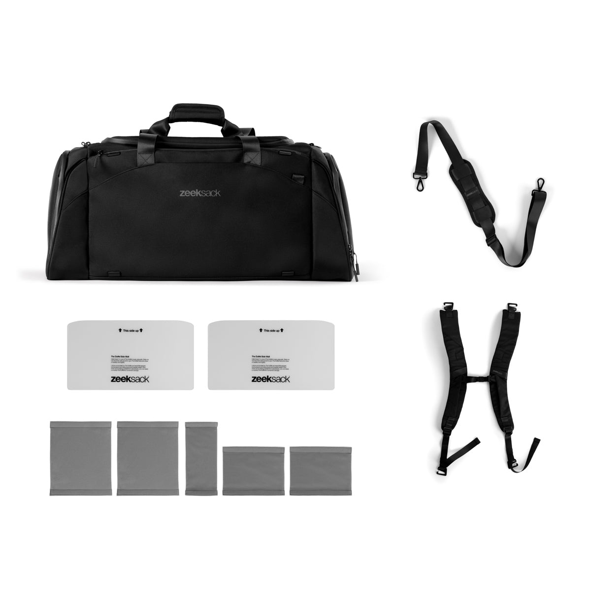 Bild som visar vad som ingår när man köper The Duffelbag från Zeeksack