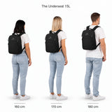 The Underseat 15L – storleksjämförelse på personer som är 160, 170 och 180 cm långa.