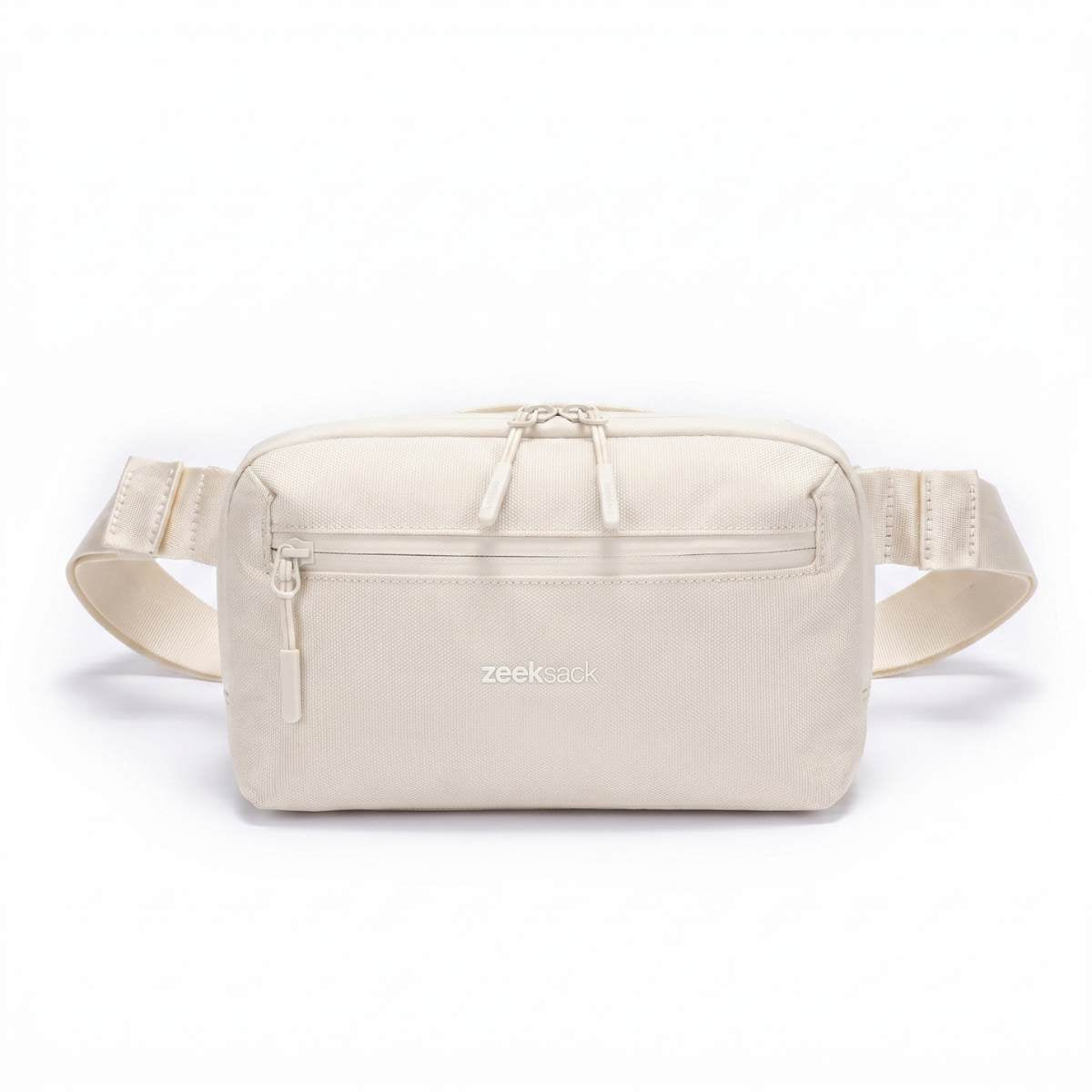 Zeeksack Crossbody Organizer i Sand White med ljusbeige axelrem och framficka.