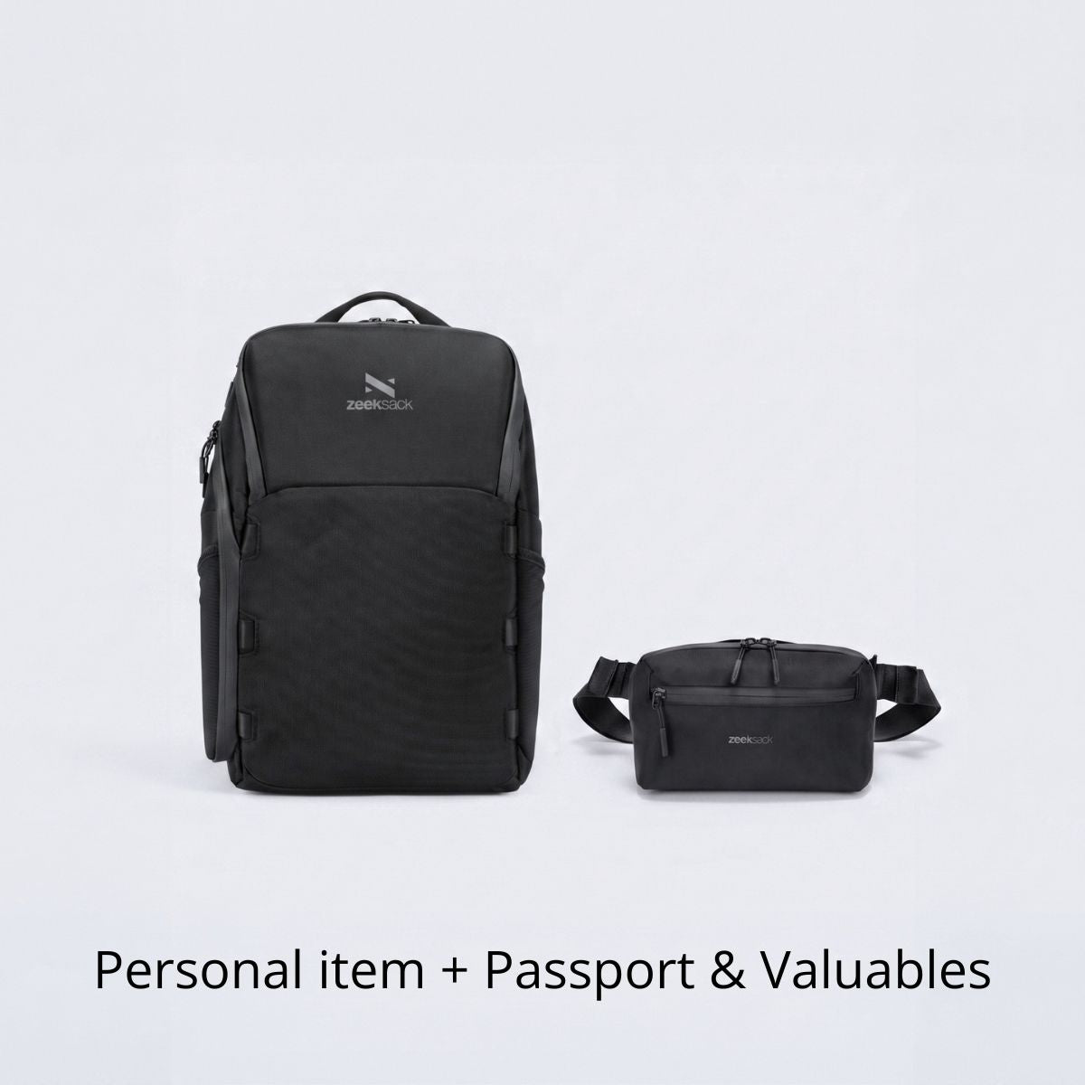 Paket med svart Zeeksack The Underseat 15L och svart Crossbody Organizer.