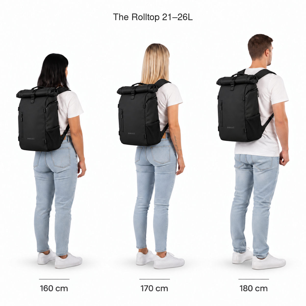 The Rolltop 21–26L – storleksjämförelse på personer som är 160, 170 och 180 cm långa.