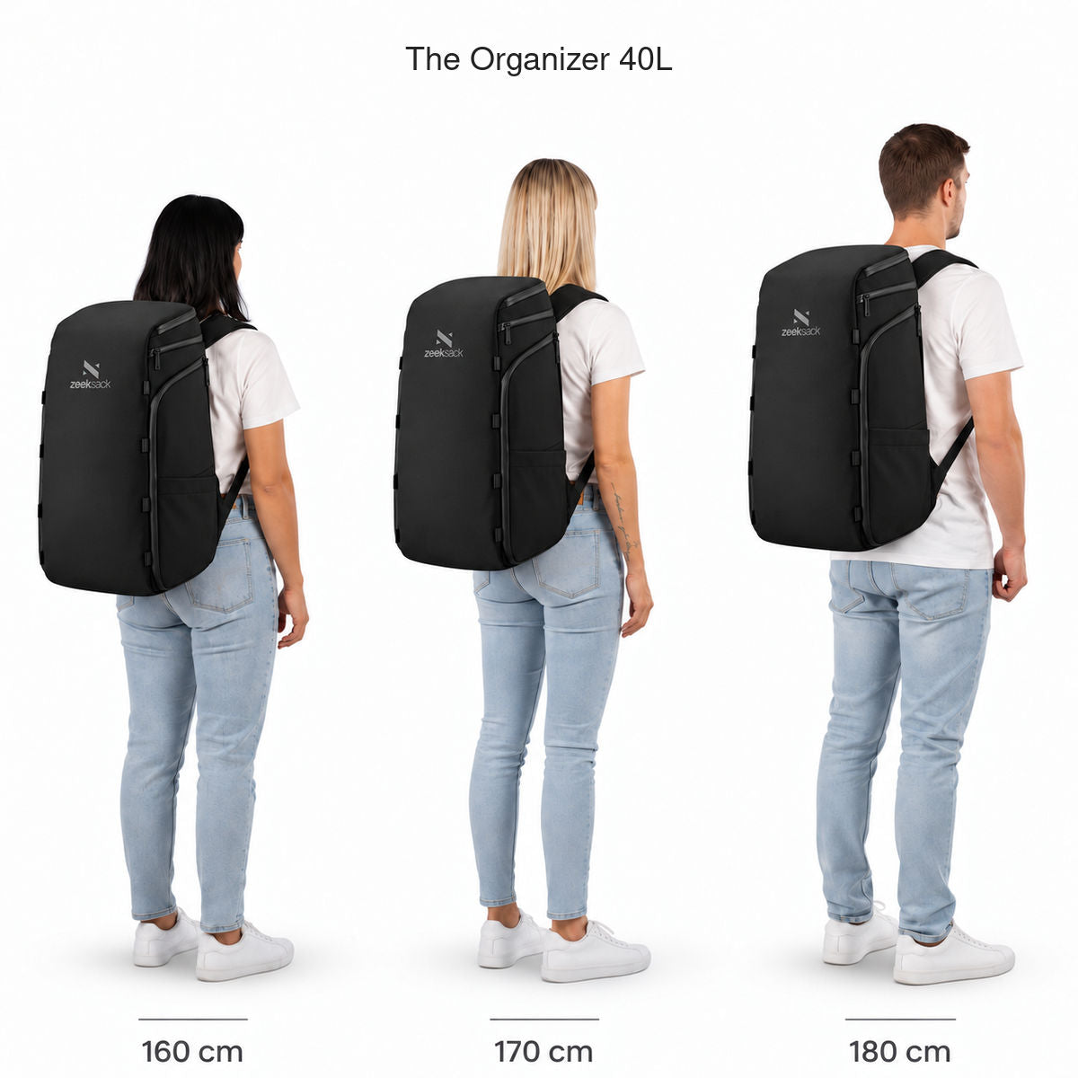 The Organizer 40L – storleksjämförelse på personer som är 160, 170 och 180 cm långa.