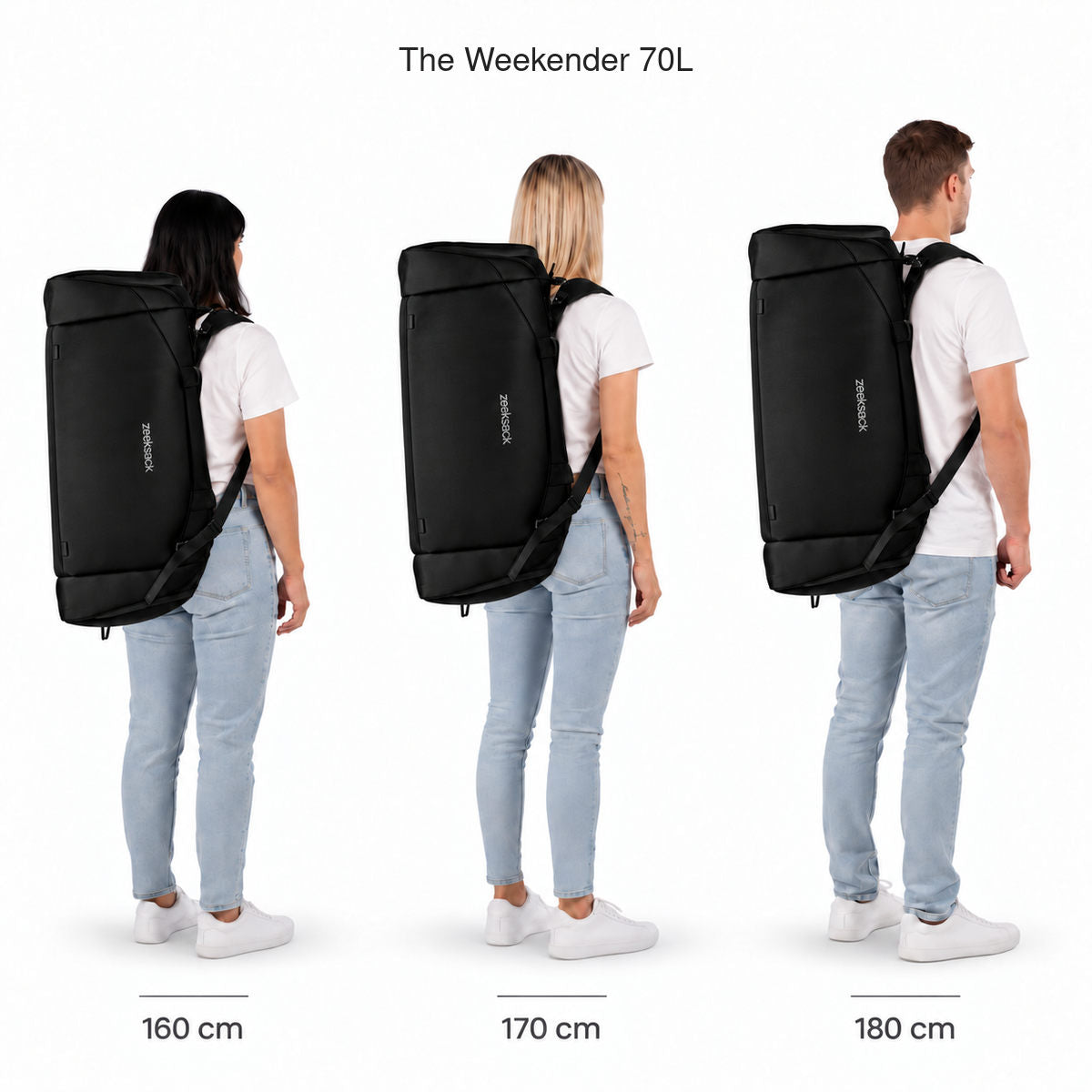 The Weekender 70L – storleksjämförelse på personer som är 160, 170 och 180 cm långa.