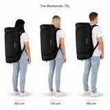 The Weekender 70L – storleksjämförelse på personer som är 160, 170 och 180 cm långa.