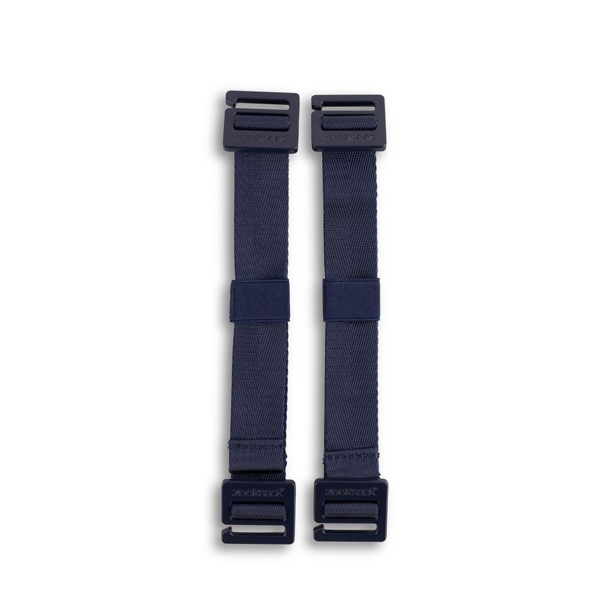 Två Zeeksack fästremmar i Navy Blue med mörkblå remmar och justeringsspännen.